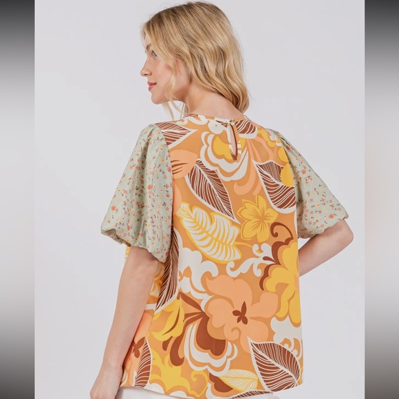 Boho Contrast Floral Print Blouse Top - Picture 5 of 6